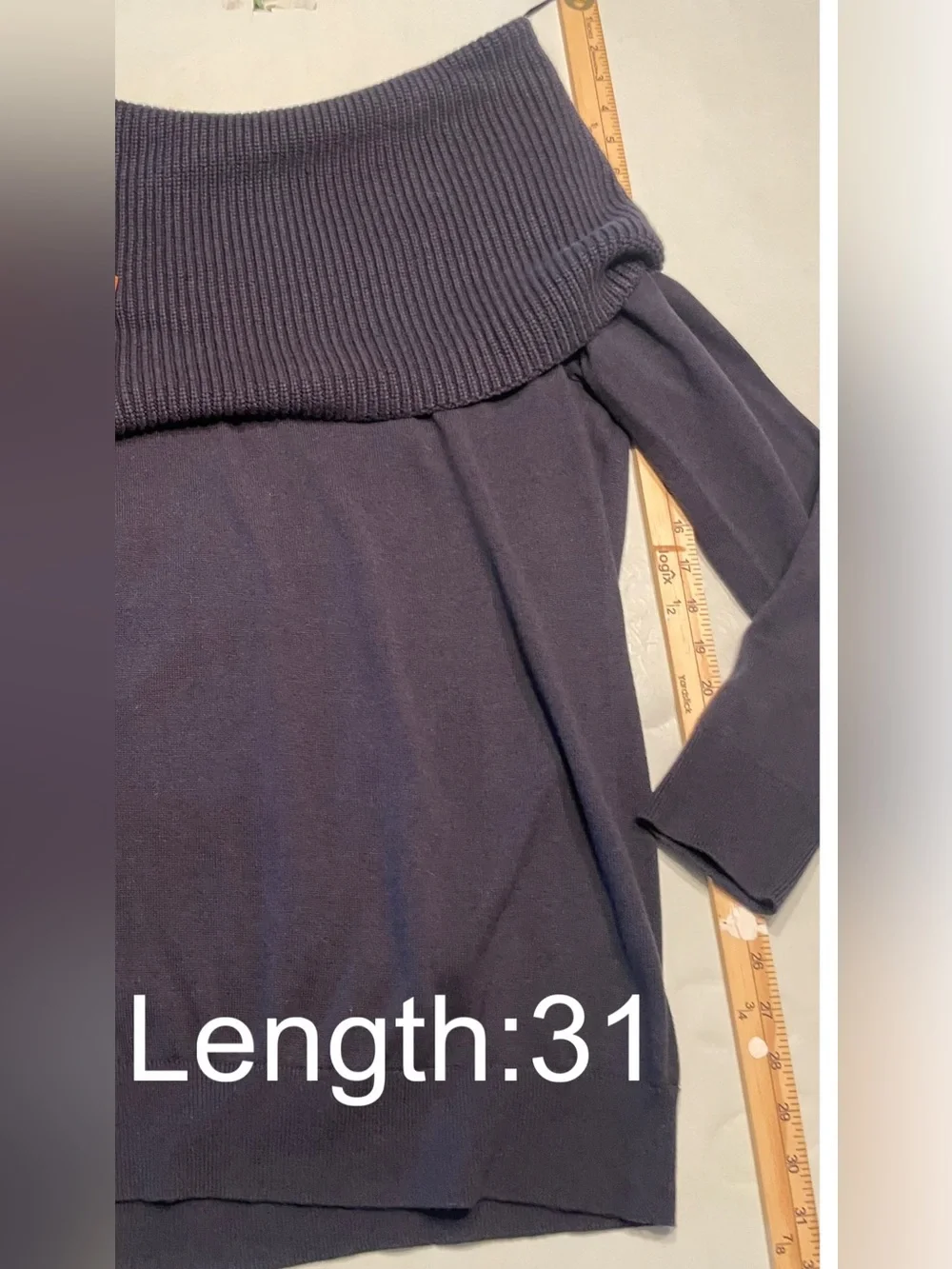 Michael Kors Navy Off-Shoulder Sweater with Tan Buckle Details